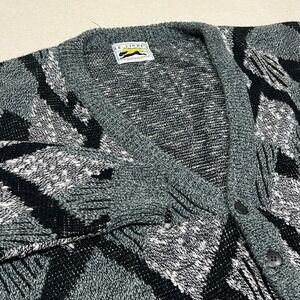 Le Tigre Mens Geometric Diamond Cardigan Sweater Gray Black White Vintage 80s